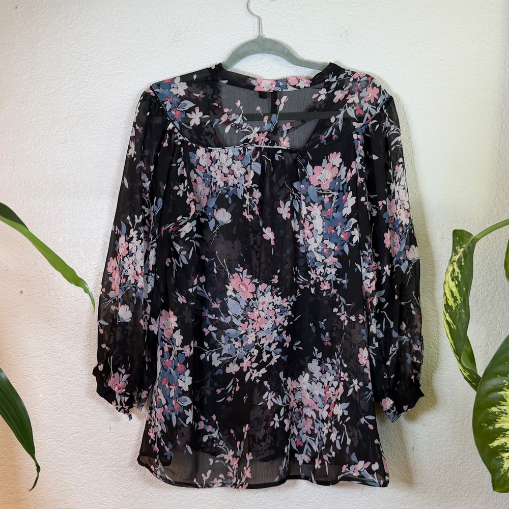 Bellatrix Black Pink Blue Floral Pussybow Button Up Bohemian Feminine Top L